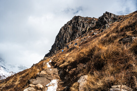Narrow alpine trail winding along a steep hillside above Langtang Valley, Nepal