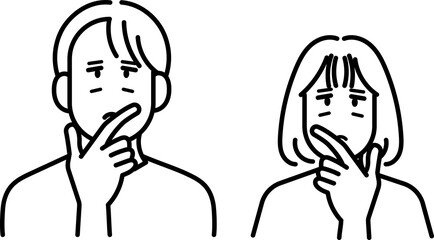 考え事をする医師達のカットイラスト素材セット　線画のみ