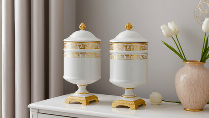 white ceramic snack jar with gold thread