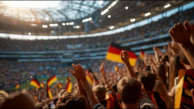 Crowd celebrates during a football match in a stadium with vibrant flags of Germany and warm sunlight illuminating the scene
