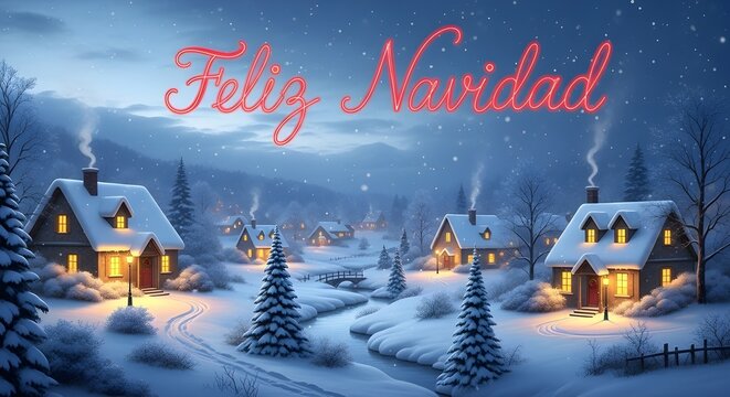 Feliz Navidad winter landscape with snow-covered houses - Powered by Adobe
