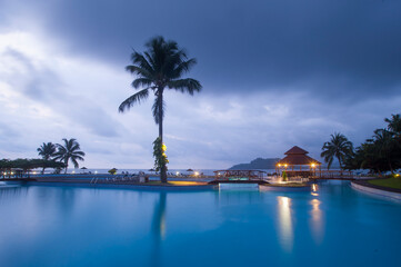 Swimming pool at Pestana Equador resort on the small Rolas (turtledove) island in the south of Sao Tome Island, Republic of Sao Tome and Principe
