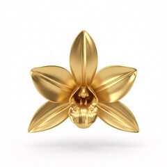 A gold vanilla flower with a matte metallic sheen is suspended in the air,