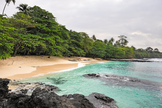 Secret beach of the small Rolas (turtledove) island in the south of Sao Tome Island, Republic of Sao Tome and Principe, Africa