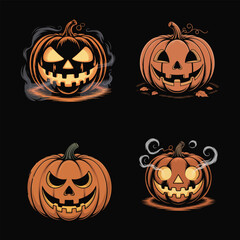 Four carved pumpkins with glowing faces halloween jackolantern