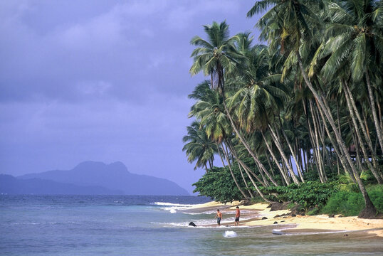 Beach of the small Rolas (turtledove) island in the south of Sao Tome Island, Republic of Sao Tome and Principe, Africa