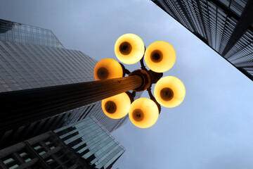 Street Light in Chicago with skyscrepers in the background