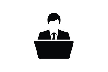 Businessman at a podium with a laptop icon