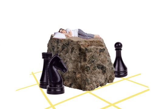 Creative image collage rock stone fragment young girl daydream sleep take nep chess figures knight boardgame checkered background