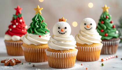 Delicious Christmas Cupcakes Decorated with Festive Snowman, Christmas Tree, and Star Toppers, Holiday Dessert with Whipped Cream Frosting, Winter Celebration Sweet Food Photography