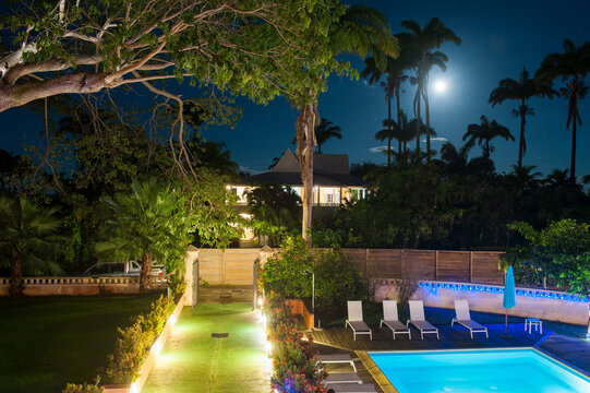 Moonlight viewed from a room of Habitation du Comte hotel, Sainte-Rose, Basse-Terre, Guadeloupe