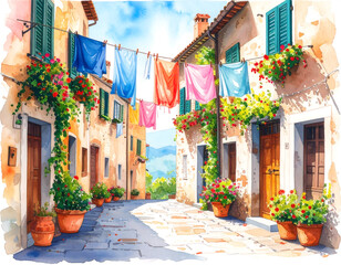 Fototapeta premium Mediterranean Street with Balconies – Watercolor Illustration