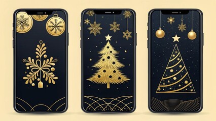 Festive Phone Wallpapers: Three smartphones gleam with bespoke holiday designs, golden accents adding a touch of elegance to these digital seasonal greetings.