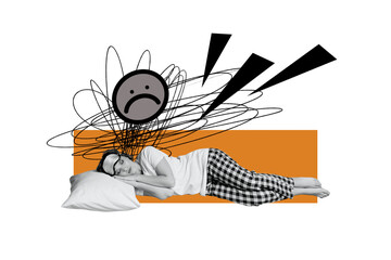 Collage 3d image of pinup pop retro sketch of stressed female try sleep insomnia nightmare mental health unusual fantasy billboard comics