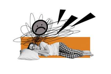 Collage 3d image of pinup pop retro sketch of stressed female try sleep insomnia nightmare mental health unusual fantasy billboard comics