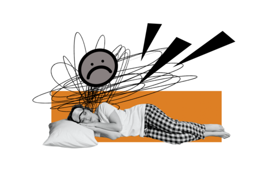 Collage 3d image of pinup pop retro sketch of stressed female try sleep insomnia nightmare mental health unusual fantasy billboard comics - Powered by Adobe