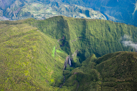 Aerial view of falls in the canyon Trou de Fer, Reunion