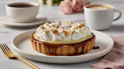 Delicious dessert with cream and caramel served alongside coffee and tea in a cozy setting