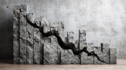 Cracked Gray Stone Wall with Declining Bar Graphs on Floor