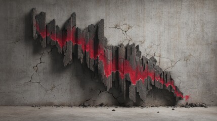 Cracked Wall with Red Graph Descending in Abstract Design Art