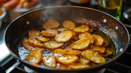 Home made chips fried in vegetable oil in a cooking pan