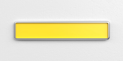 Front view of wide yellow signboard on white wall