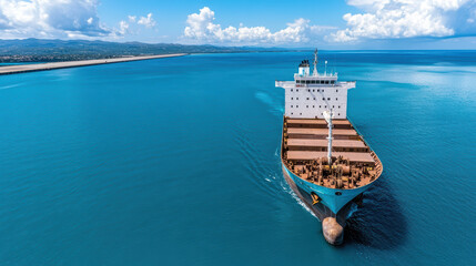 Cargo ship sailing on calm blue waters under clear sky, showcasing industrial transport