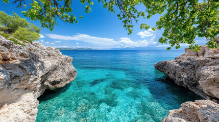 Crystal clear turquoise water framed by rocky cliffs and lush greenery creates serene coastal