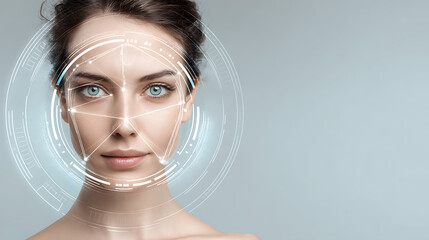 A woman's face with futuristic digital interface overlay, highlighting facial features with holographic elements