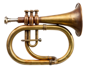 Antique brass hunting bugle with loop and hooks isolated on white background ,PNG.AI Generated.