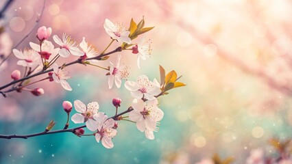 Obraz premium Cherry Blossom in Spring: Delicate cherry blossoms bloom, signaling the arrival of spring. Bathed in soft light, the scene evokes feelings of peace and rejuvenation.