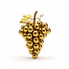 A bunch of shiny gold grapes with a stem and leaves is suspended in the air,