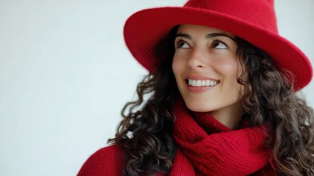 A woman wearing a bright red hat and matching scarf on a sunny day