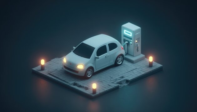 Low-angle, 3D isometric view of a white electric car at a charging station, lit by glowing accents