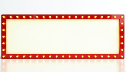 Red retro marquee with yellow light bulbs on white background. Bright glowing frame. Perfect for advertising, entertainment, cinema, casino or night show. Empty space for text.