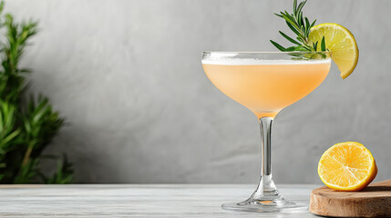 Refreshing cocktail glass with lemon garnish and rosemary, perfect for summer vibes