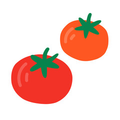 A simple and colorful illustration featuring two tomatoes with green stems.
