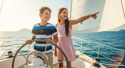 Two children, a boy and a girl, stand on a sailboat's deck, steering with a bright wheel.  The girl points excitedly, both are smiling.  Sunlight highlights the sails and ocean
