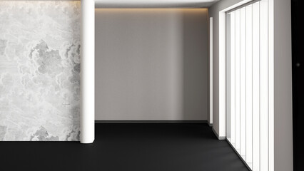Home and living and empty room interior and modern graphic wall background. 3d rendering