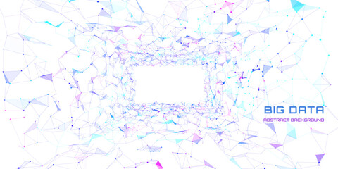 Futuristic background  from plexus  3D wireframe square tunnel with lines connecting data point. Concept big data color grid on white.