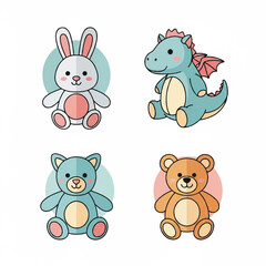 Obraz premium Colorful flat lay of cartoon stuffed animals including bunny, dragon, and teddy bears on a white background for Breast Cancer Awareness Month.