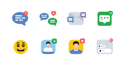 A Collection of Digital Communication and Social Media Interface Icons Representing Messages Users Profiles Emotions and Notifications