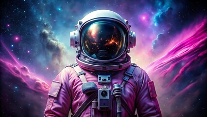 An astronaut floats amidst a vibrant and colorful cosmic nebula scene