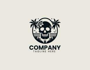 logo shows skull shape with tropical beach palm trees and flowers
