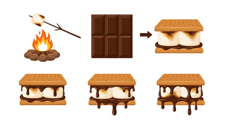 Illustration showing the steps to make a s'more, from roasting the marshmallow to the finished, melting treat.