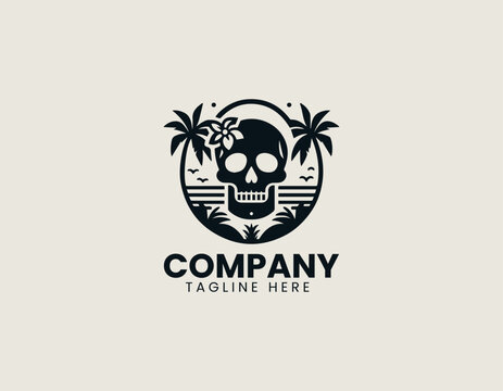logo shows skull shape with tropical beach palm trees and flowers
