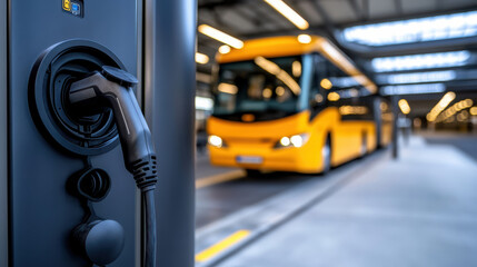 Fototapeta premium Electric bus charging station with close up of charging cable, showcasing modern technology