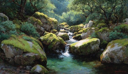 Sunny stream meandering through mossy rocks