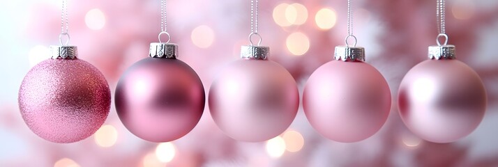 Fototapeta premium Pink Christmas ornaments hanging on a tree with a soft pink background created by lights