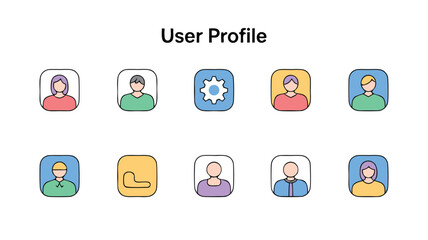 Diverse Collection of User Profile Icons Representing People and Settings for Digital Interfaces and Applications